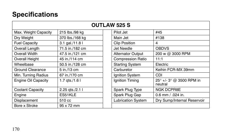 Specifications, Outlaw 525 s | Polaris Outlaw 450 MXR User Manual | Page 174 / 212