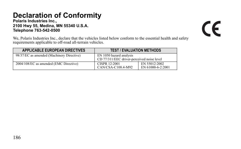 Declaration of conformity | Polaris Outlaw 450 MXR User Manual | Page 190 / 212