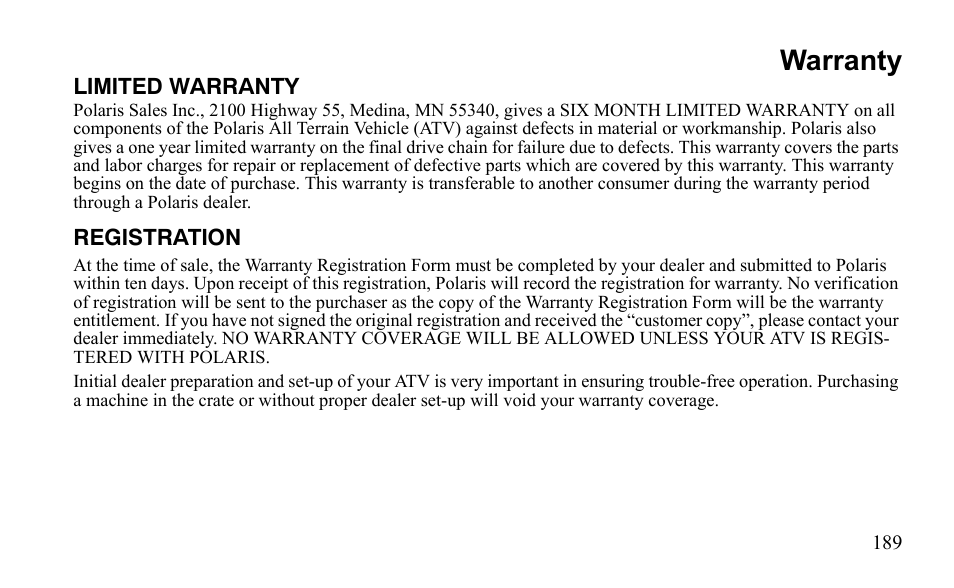 Warranty | Polaris Outlaw 450 MXR User Manual | Page 193 / 212