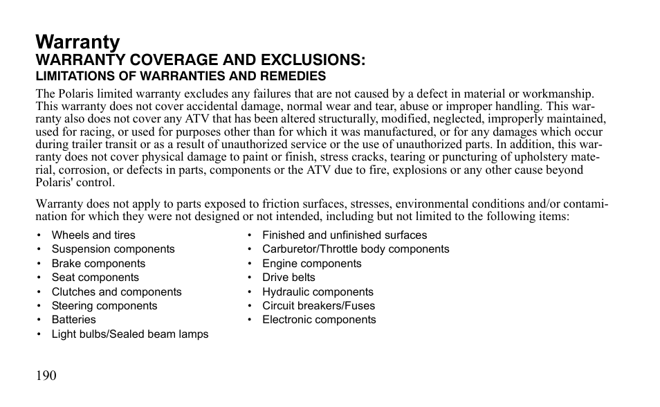Warranty, Warranty coverage and exclusions | Polaris Outlaw 450 MXR User Manual | Page 194 / 212