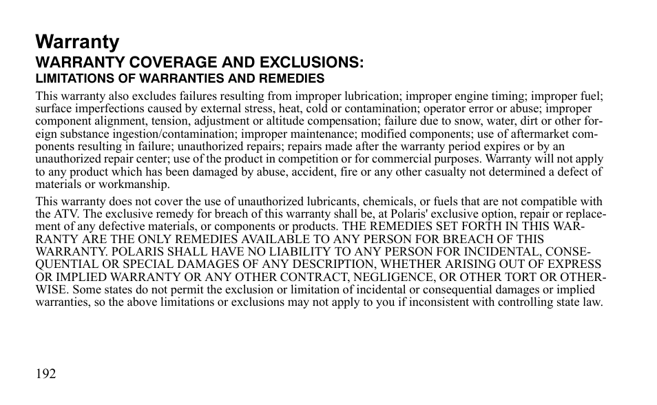 Warranty | Polaris Outlaw 450 MXR User Manual | Page 196 / 212