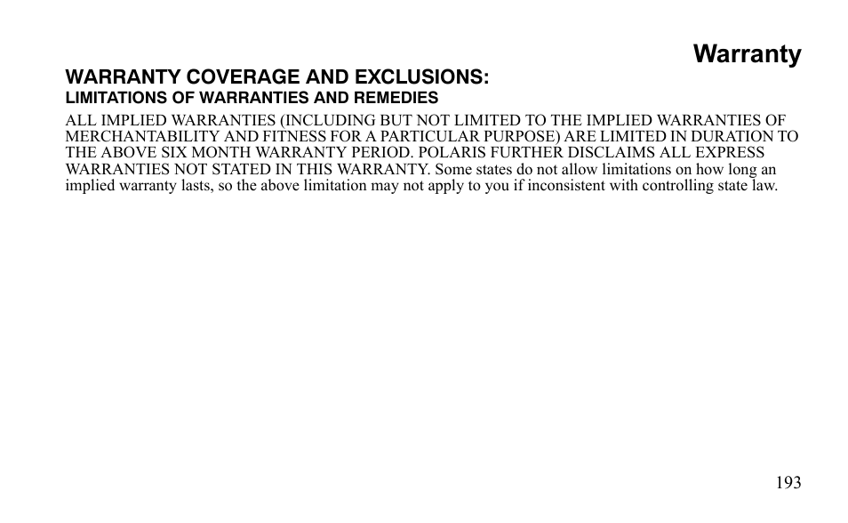 Warranty | Polaris Outlaw 450 MXR User Manual | Page 197 / 212