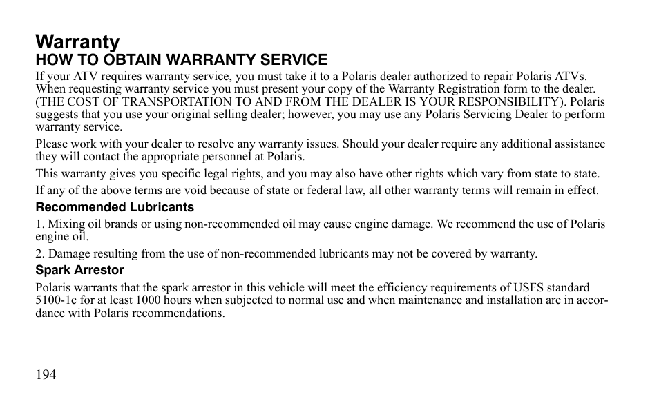 Warranty | Polaris Outlaw 450 MXR User Manual | Page 198 / 212