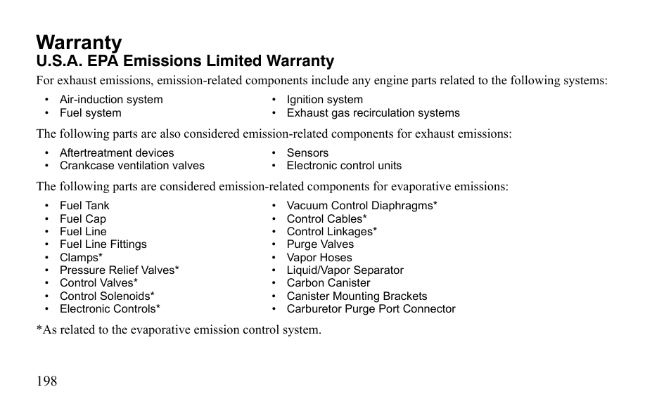 Warranty, U.s.a. epa emissions limited warranty | Polaris Outlaw 450 MXR User Manual | Page 202 / 212