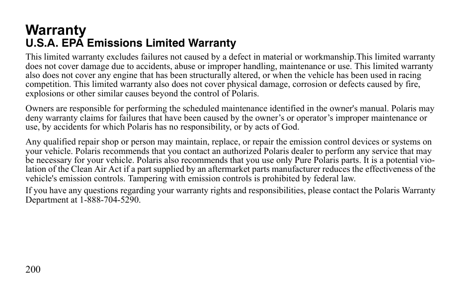 Warranty | Polaris Outlaw 450 MXR User Manual | Page 204 / 212