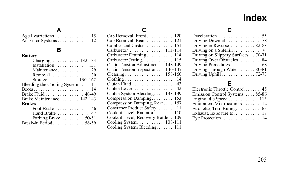 Index | Polaris Outlaw 450 MXR User Manual | Page 209 / 212