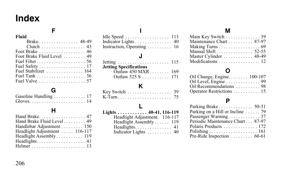 Index | Polaris Outlaw 450 MXR User Manual | Page 210 / 212