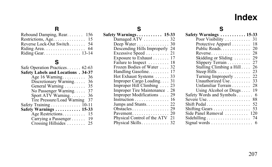 Index | Polaris Outlaw 450 MXR User Manual | Page 211 / 212