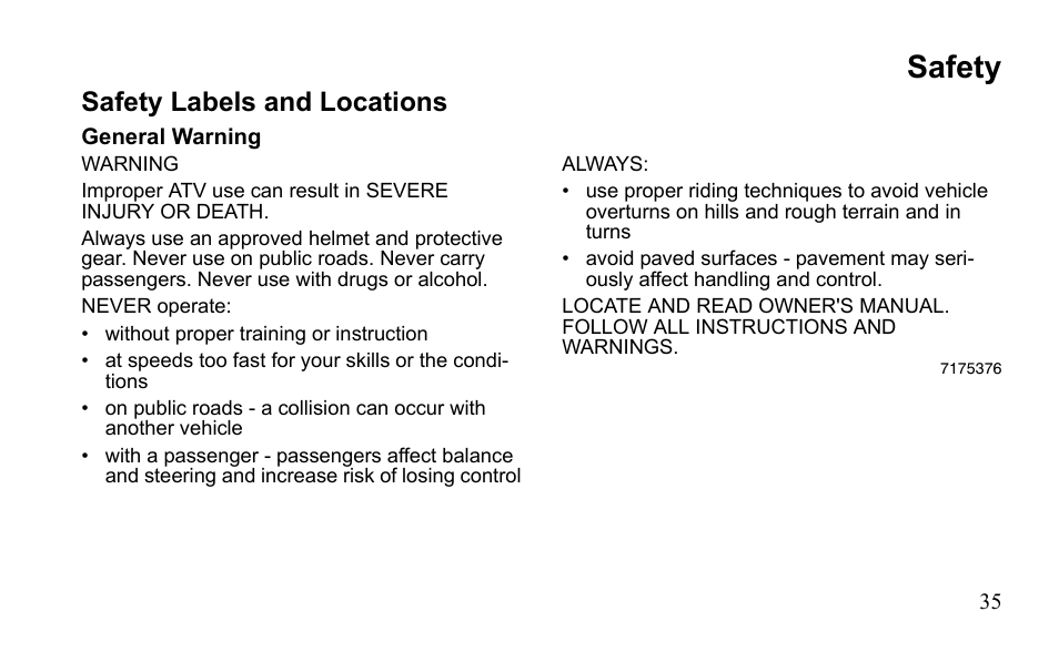 Safety, Safety labels and locations | Polaris Outlaw 450 MXR User Manual | Page 39 / 212