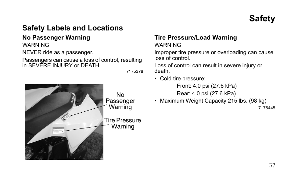 Safety, Safety labels and locations | Polaris Outlaw 450 MXR User Manual | Page 41 / 212