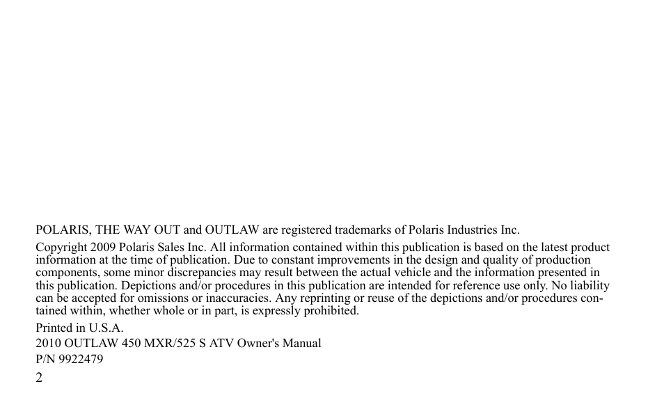 Polaris Outlaw 450 MXR User Manual | Page 6 / 212