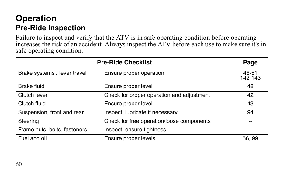 Operation, Pre-ride inspection | Polaris Outlaw 450 MXR User Manual | Page 64 / 212