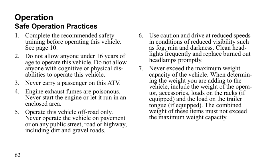 Operation | Polaris Outlaw 450 MXR User Manual | Page 66 / 212