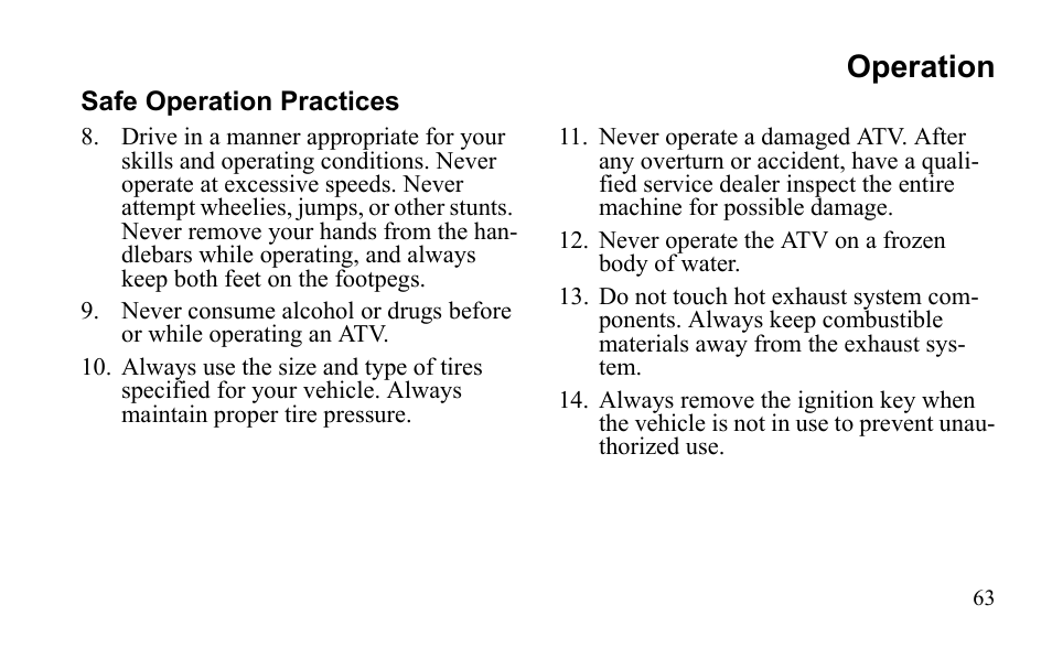Operation | Polaris Outlaw 450 MXR User Manual | Page 67 / 212