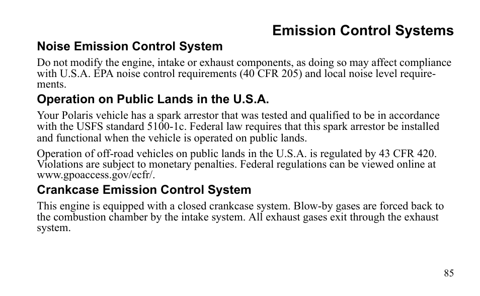 Emission control systems | Polaris Outlaw 450 MXR User Manual | Page 89 / 212