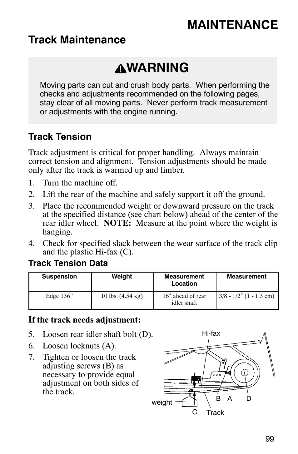 Warning, Maintenance, Track maintenance | Track tension | Polaris Frontier User Manual | Page 101 / 130