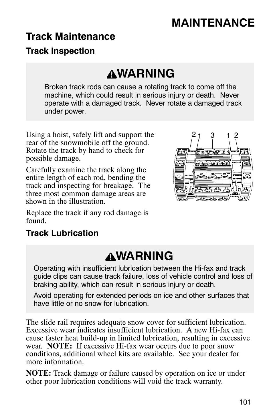 Warning, Maintenance, Track maintenance | Polaris Frontier User Manual | Page 103 / 130