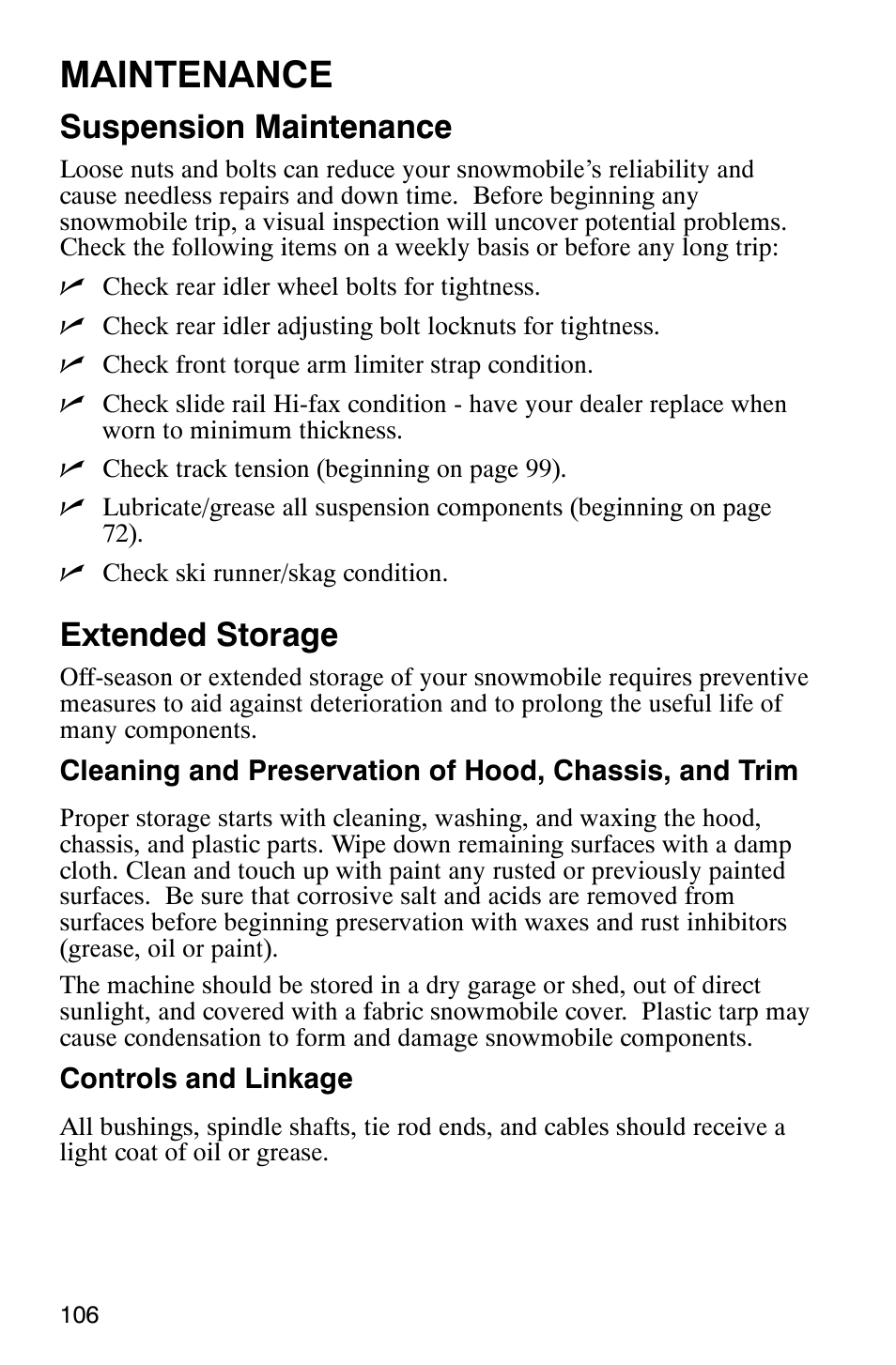 Maintenance, Suspension maintenance, Extended storage | Polaris Frontier User Manual | Page 108 / 130