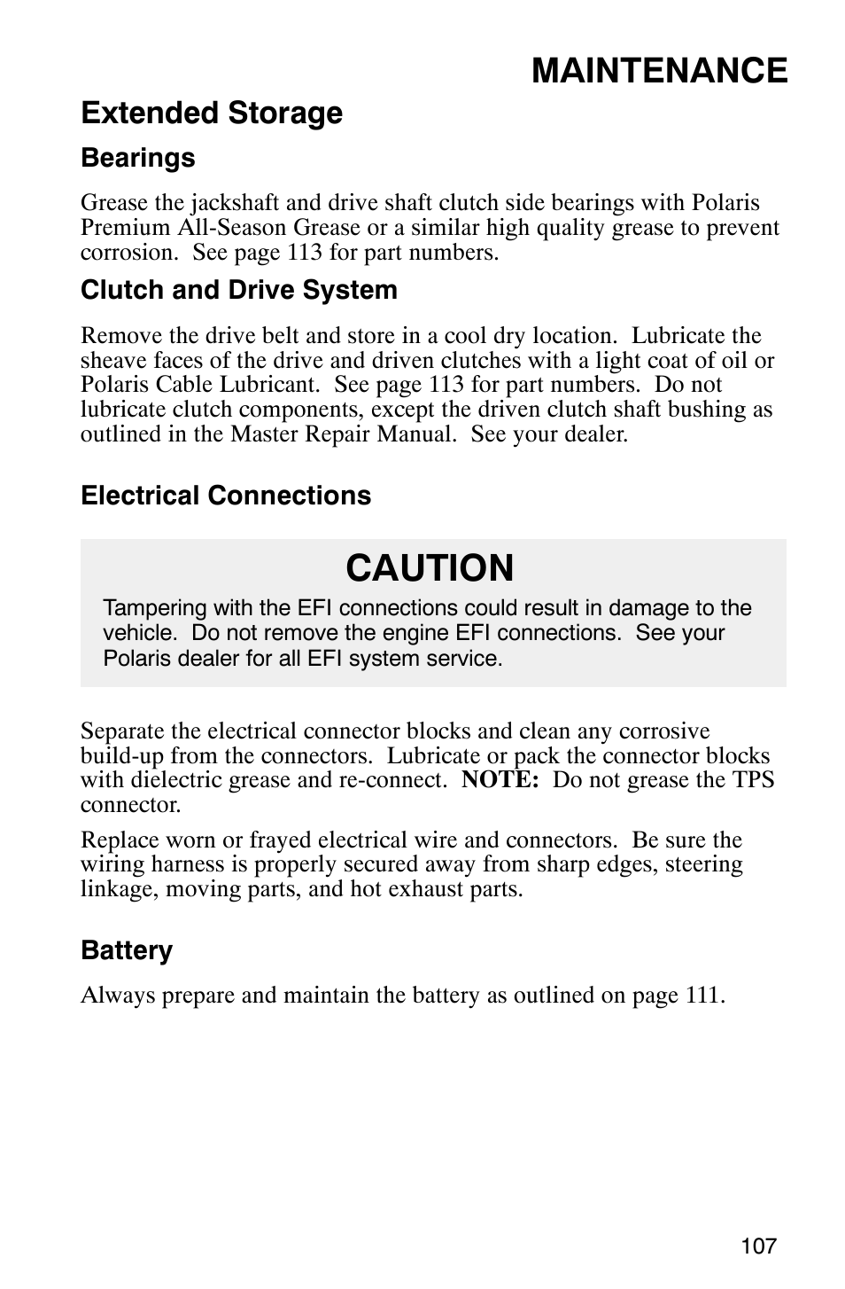 Caution, Maintenance, Extended storage | Polaris Frontier User Manual | Page 109 / 130