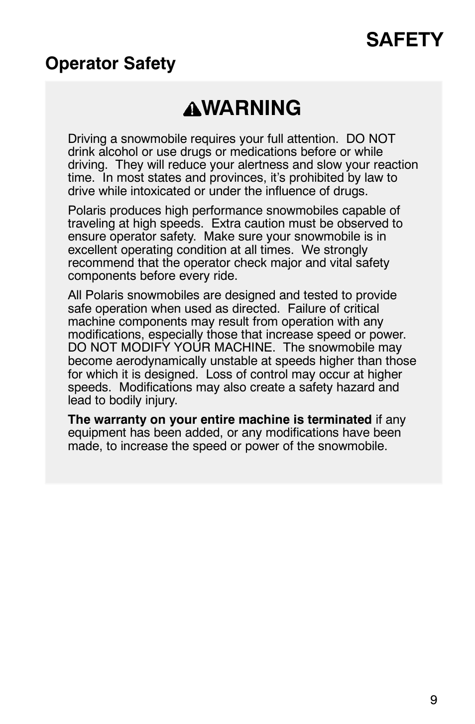 Warning, Safety, Operator safety | Polaris Frontier User Manual | Page 11 / 130