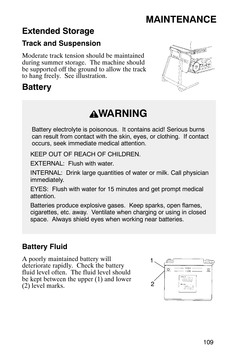 Warning, Maintenance, Extended storage | Battery | Polaris Frontier User Manual | Page 111 / 130