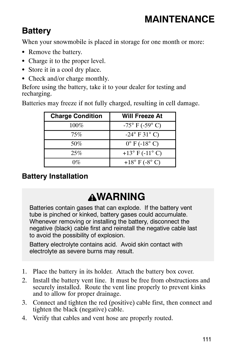 Warning, Maintenance, Battery | Polaris Frontier User Manual | Page 113 / 130