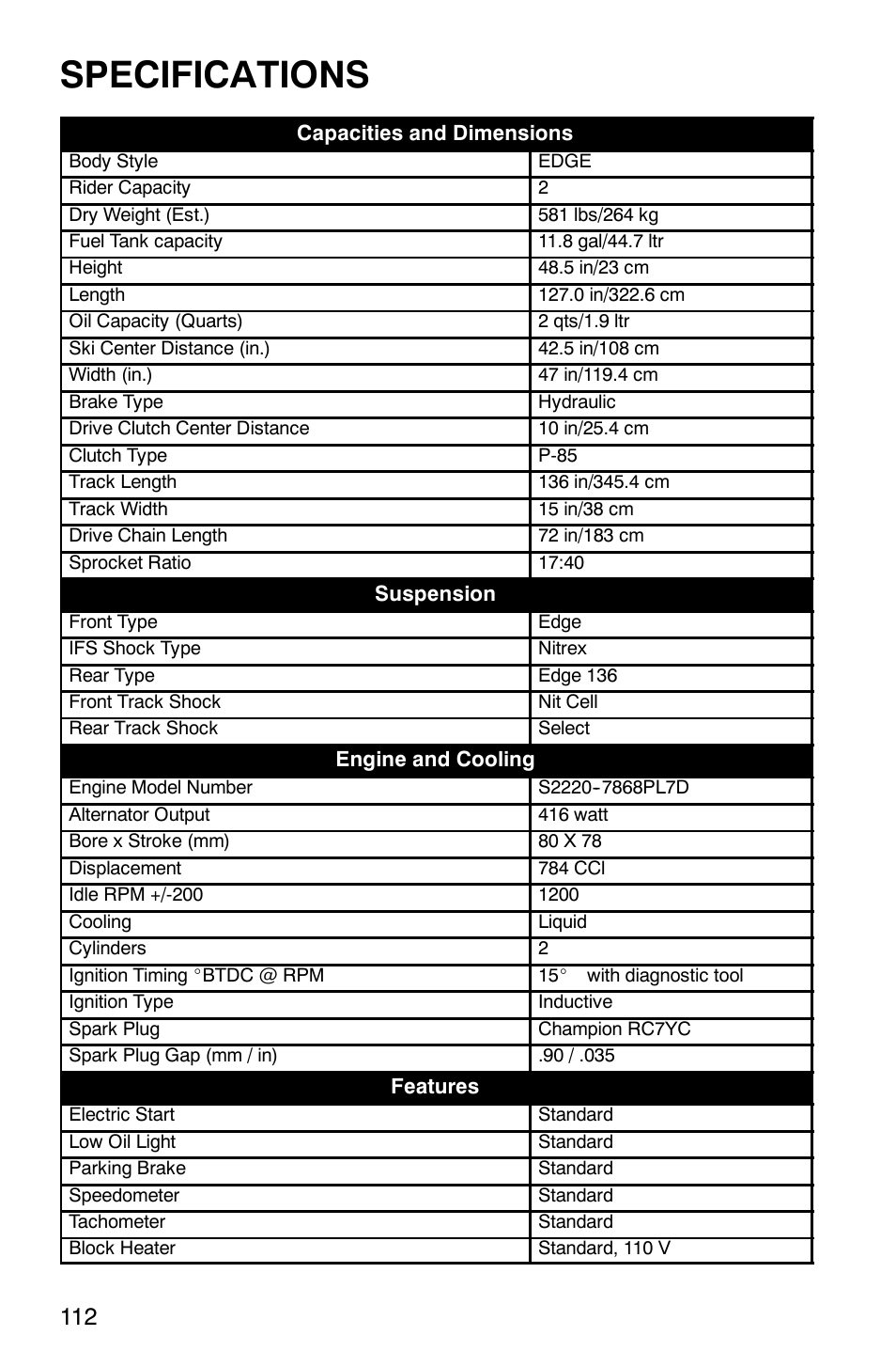 Specifications | Polaris Frontier User Manual | Page 114 / 130