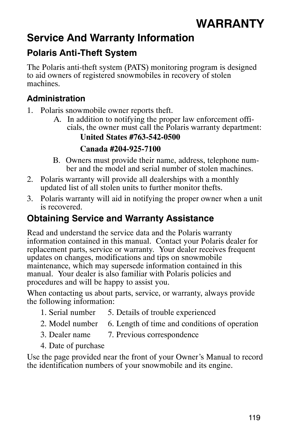 Warranty, Service and warranty information | Polaris Frontier User Manual | Page 121 / 130