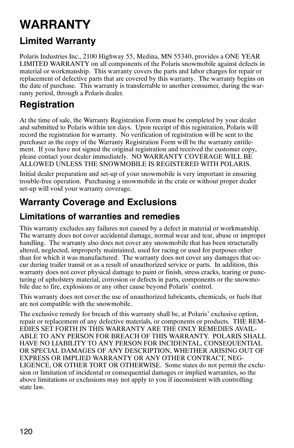 Warranty, Limited warranty, Registration | Warranty coverage and exclusions, Limitations of warranties and remedies | Polaris Frontier User Manual | Page 122 / 130