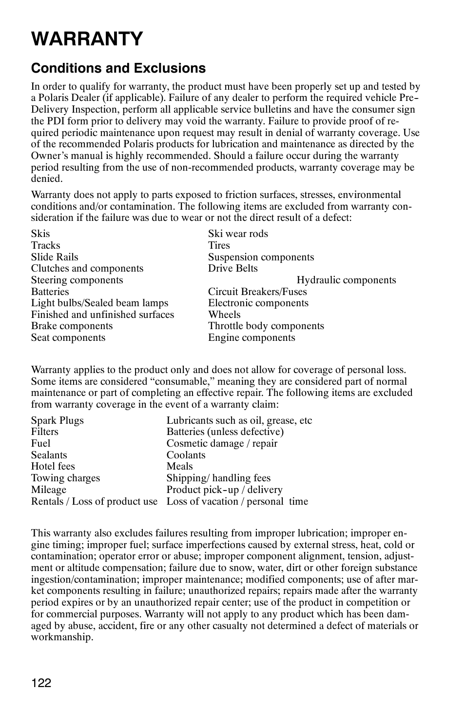 Warranty, Conditions and exclusions | Polaris Frontier User Manual | Page 124 / 130