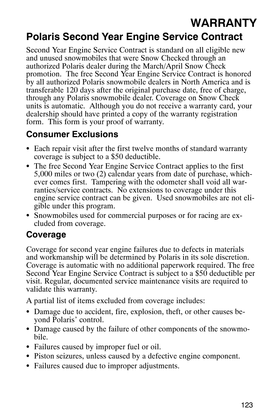 Warranty, Polaris second year engine service contract | Polaris Frontier User Manual | Page 125 / 130