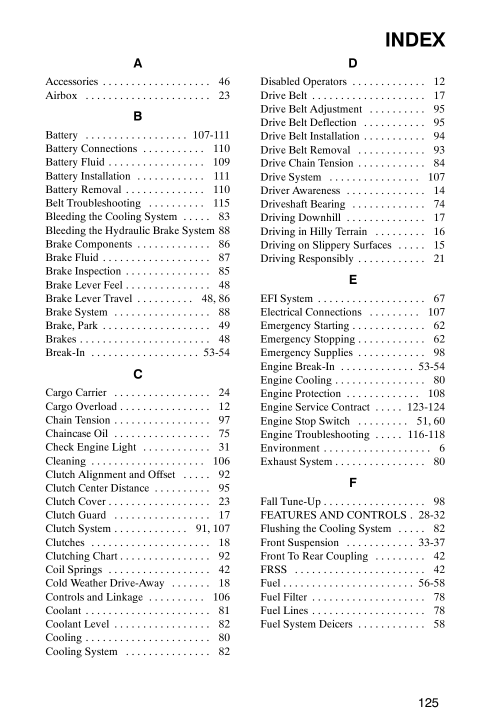 Index | Polaris Frontier User Manual | Page 127 / 130