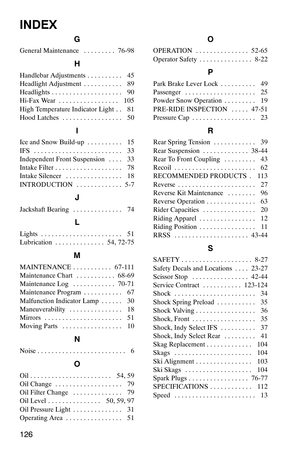 Index | Polaris Frontier User Manual | Page 128 / 130