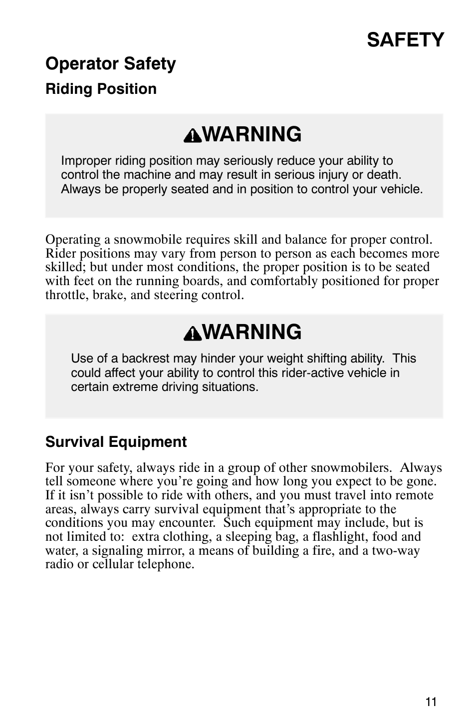 Warning, Safety, Operator safety | Polaris Frontier User Manual | Page 13 / 130