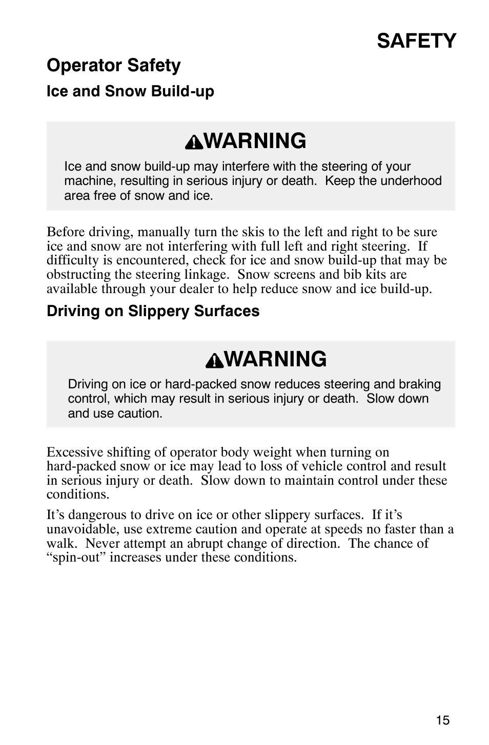 Warning, Safety, Operator safety | Polaris Frontier User Manual | Page 17 / 130