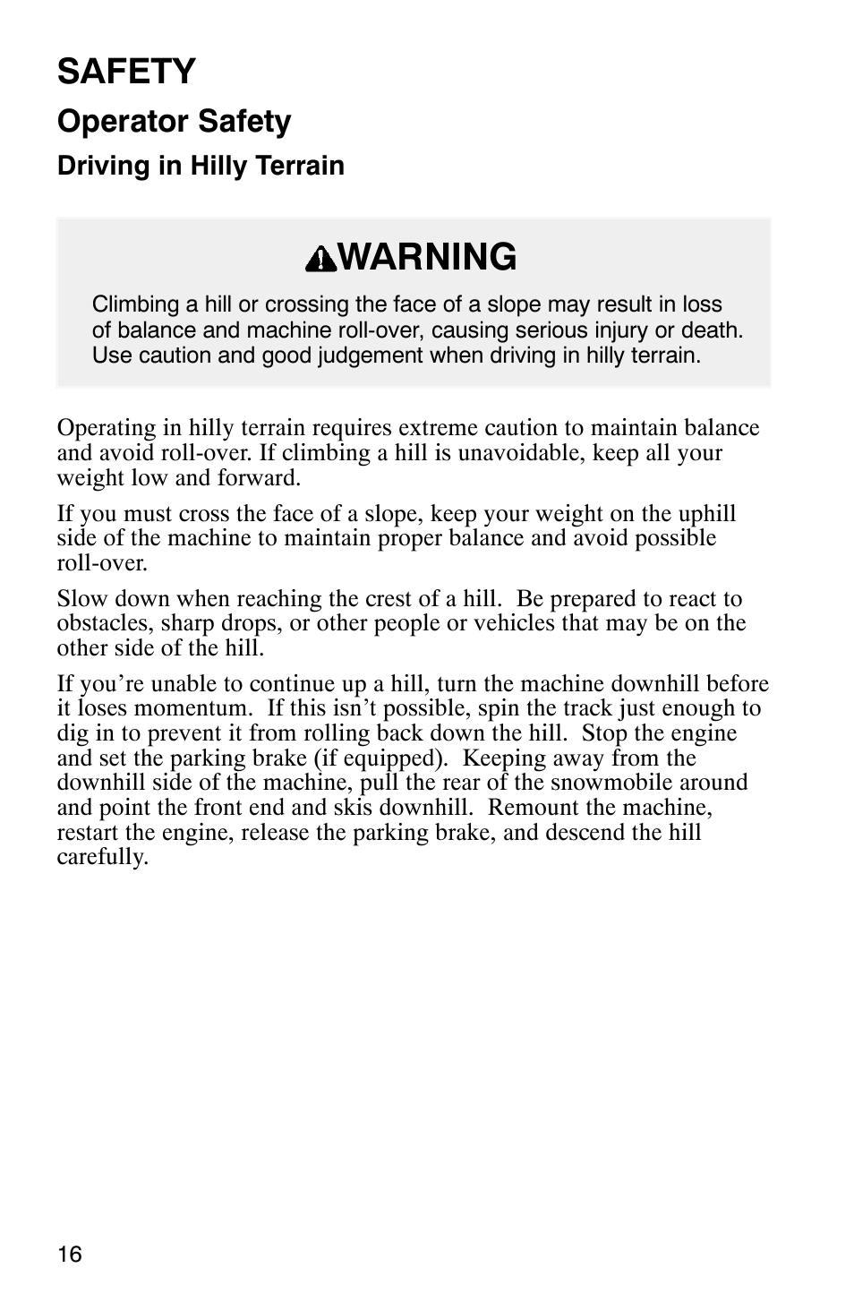 Warning, Safety, Operator safety | Polaris Frontier User Manual | Page 18 / 130