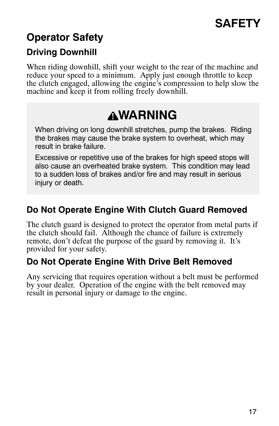 Warning, Safety, Operator safety | Polaris Frontier User Manual | Page 19 / 130