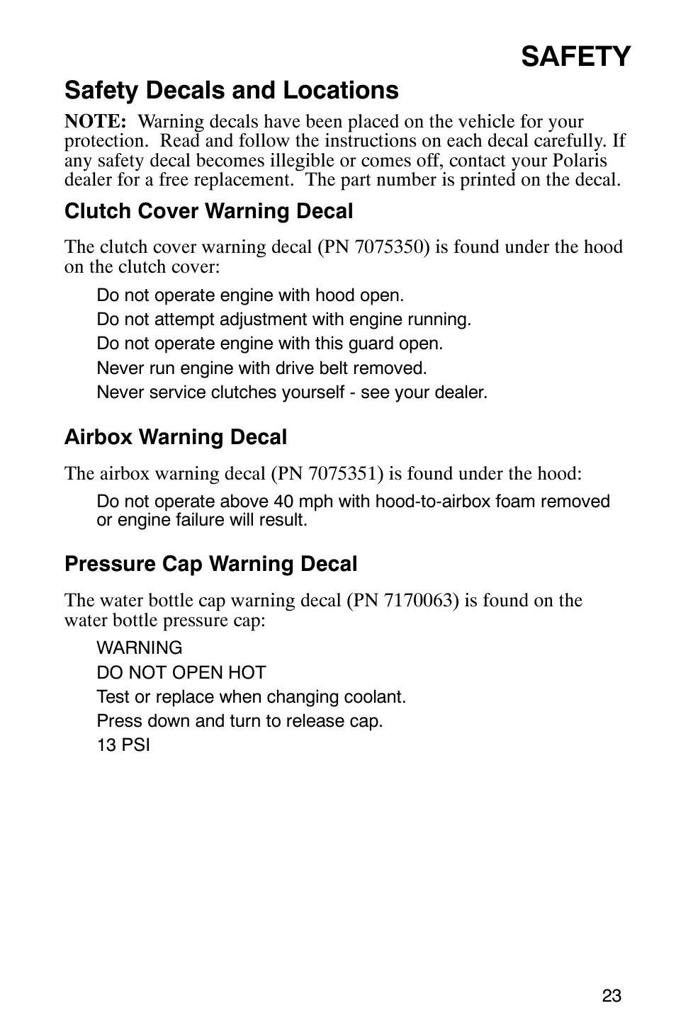 Safety, Safety decals and locations | Polaris Frontier User Manual | Page 25 / 130
