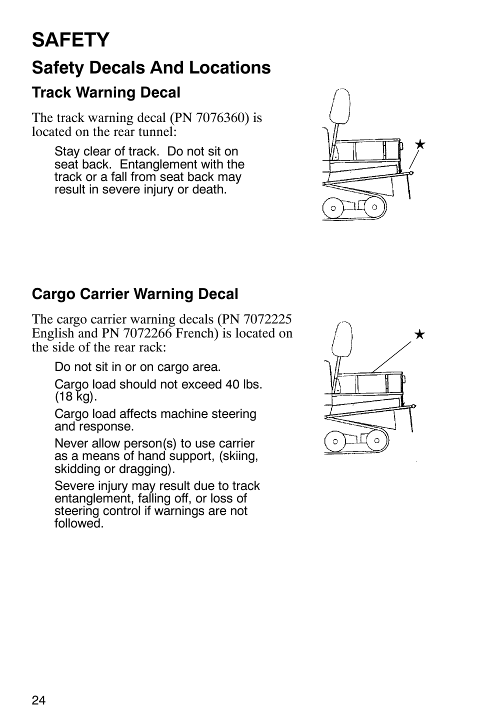 Safety, Safety decals and locations | Polaris Frontier User Manual | Page 26 / 130