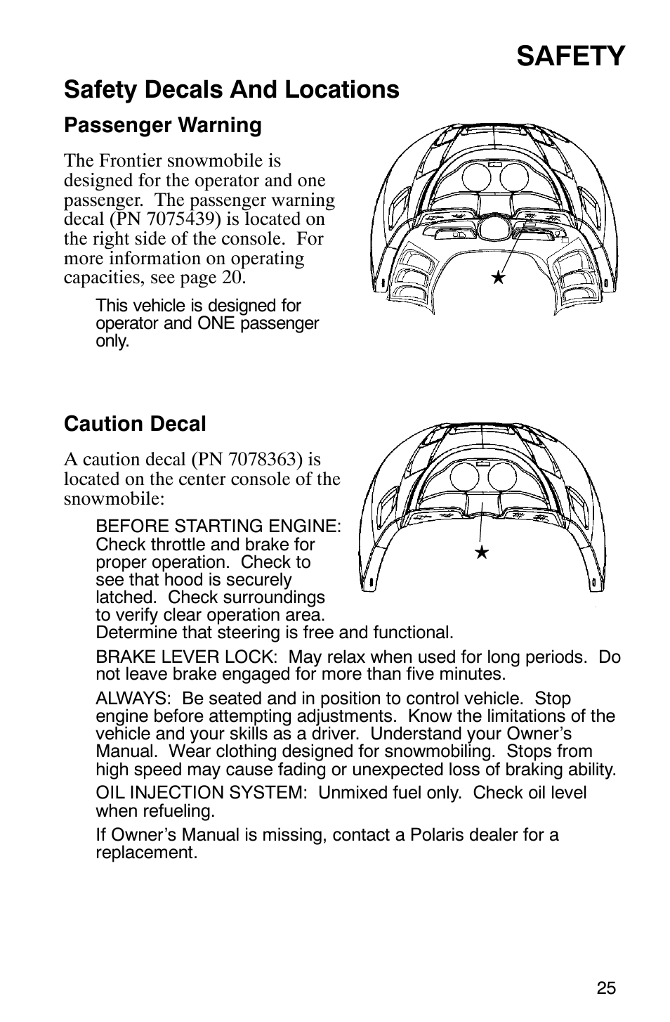 Safety, Safety decals and locations | Polaris Frontier User Manual | Page 27 / 130