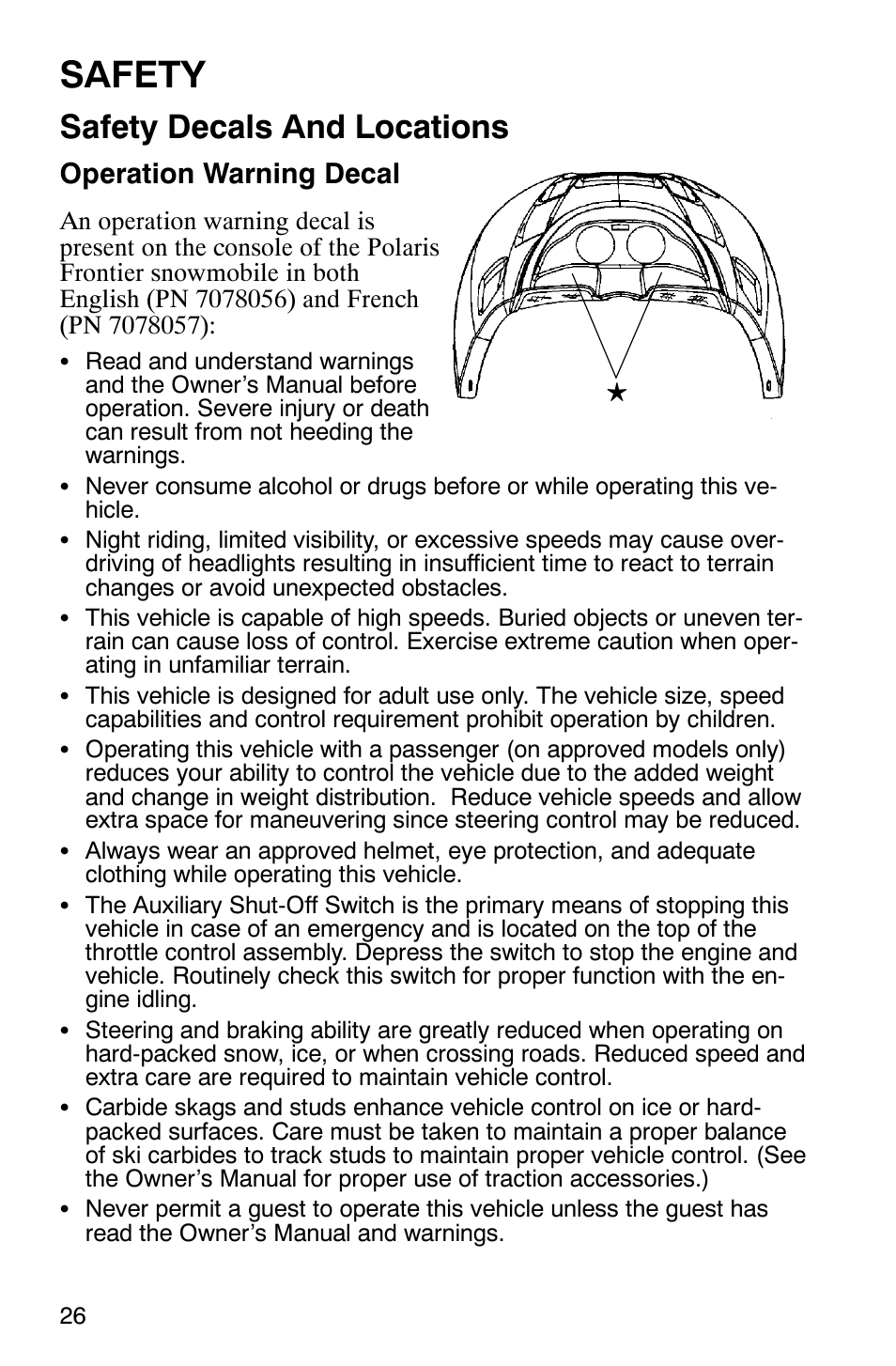 Safety, Safety decals and locations, Operation warning decal | Polaris Frontier User Manual | Page 28 / 130