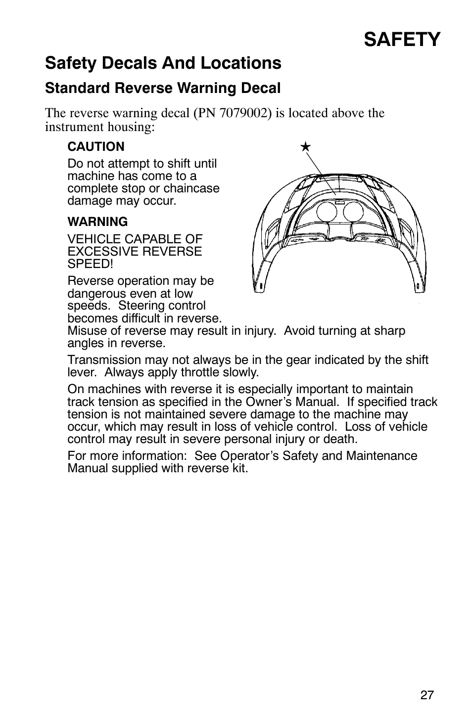 Safety, Safety decals and locations, Standard reverse warning decal | Polaris Frontier User Manual | Page 29 / 130