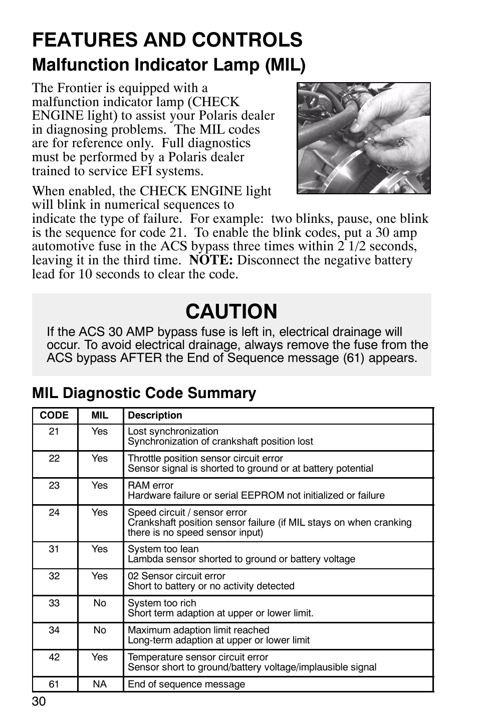 Caution, Features and controls, Malfunction indicator lamp (mil) | Mil diagnostic code summary | Polaris Frontier User Manual | Page 32 / 130