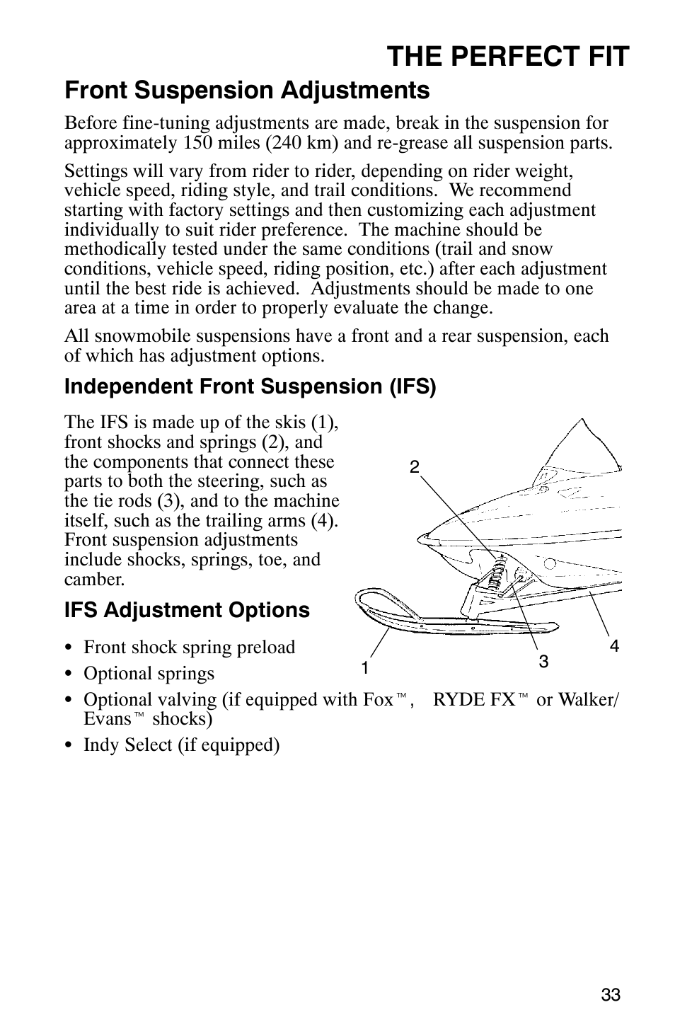 The perfect fit, Front suspension adjustments | Polaris Frontier User Manual | Page 35 / 130