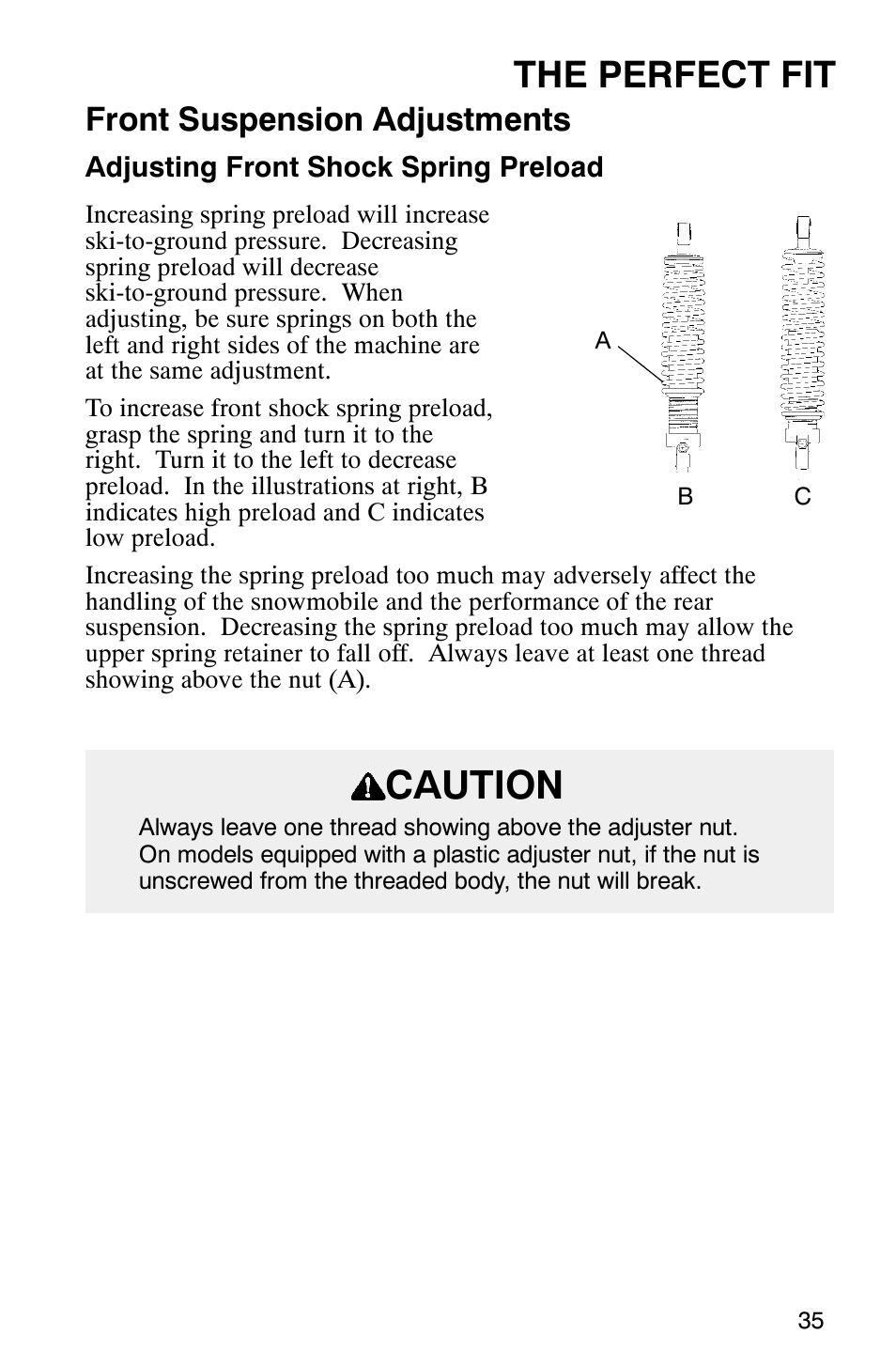 Caution, The perfect fit, Front suspension adjustments | Polaris Frontier User Manual | Page 37 / 130