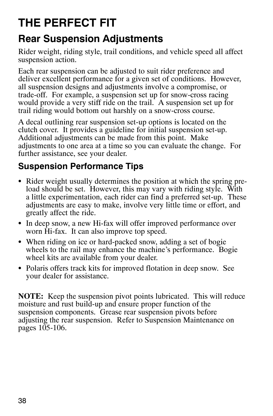 The perfect fit, Rear suspension adjustments | Polaris Frontier User Manual | Page 40 / 130