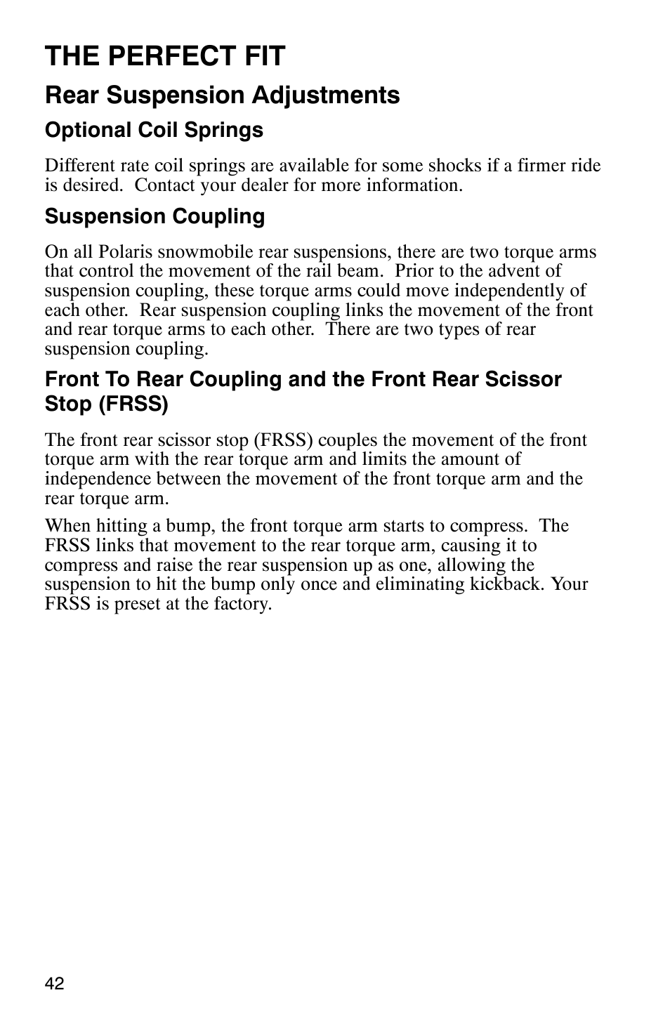 The perfect fit, Rear suspension adjustments | Polaris Frontier User Manual | Page 44 / 130