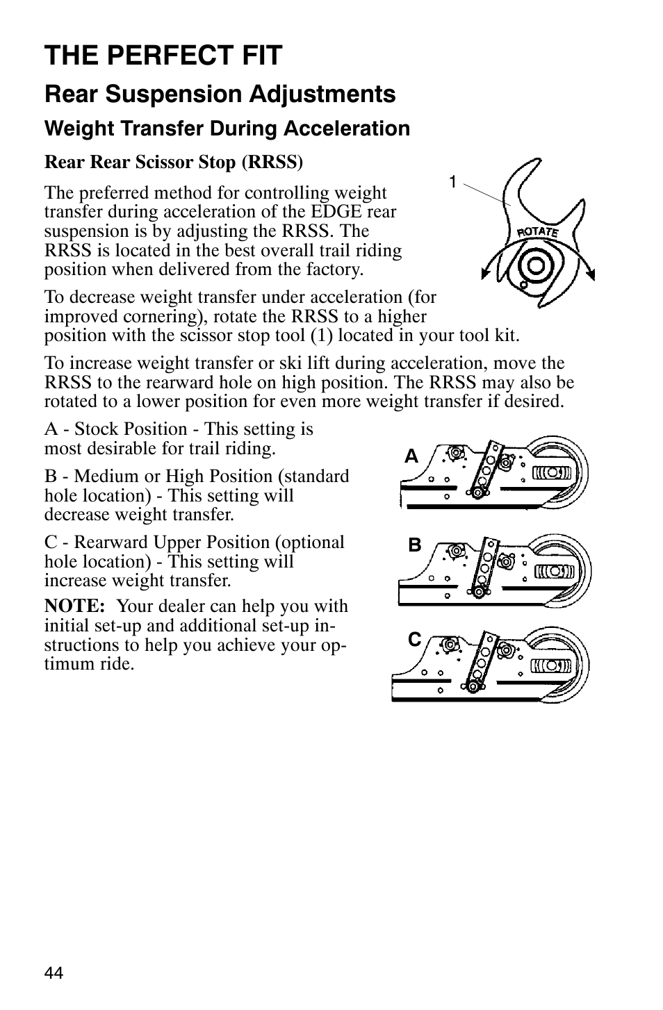 The perfect fit, Rear suspension adjustments | Polaris Frontier User Manual | Page 46 / 130