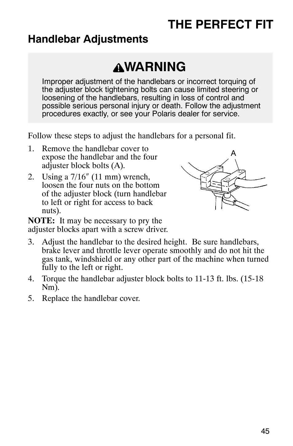 Warning, The perfect fit, Handlebar adjustments | Polaris Frontier User Manual | Page 47 / 130