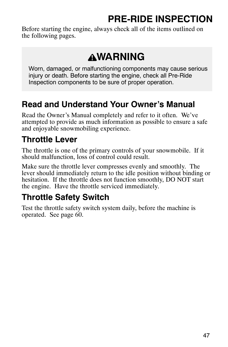 Warning, Pre-ride inspection, Read and understand your owner’s manual | Throttle lever, Throttle safety switch | Polaris Frontier User Manual | Page 49 / 130